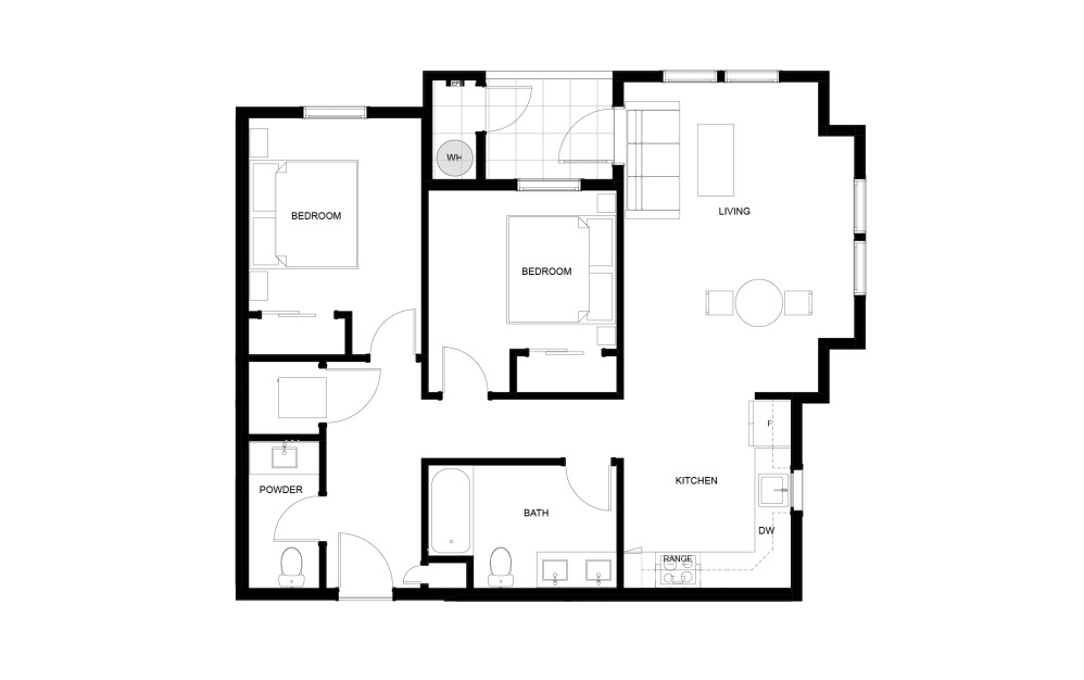 2 Bed, 1.5 Bath Small - 2 bedroom floorplan layout with 1.5 bathroom and 819 - 878 square feet