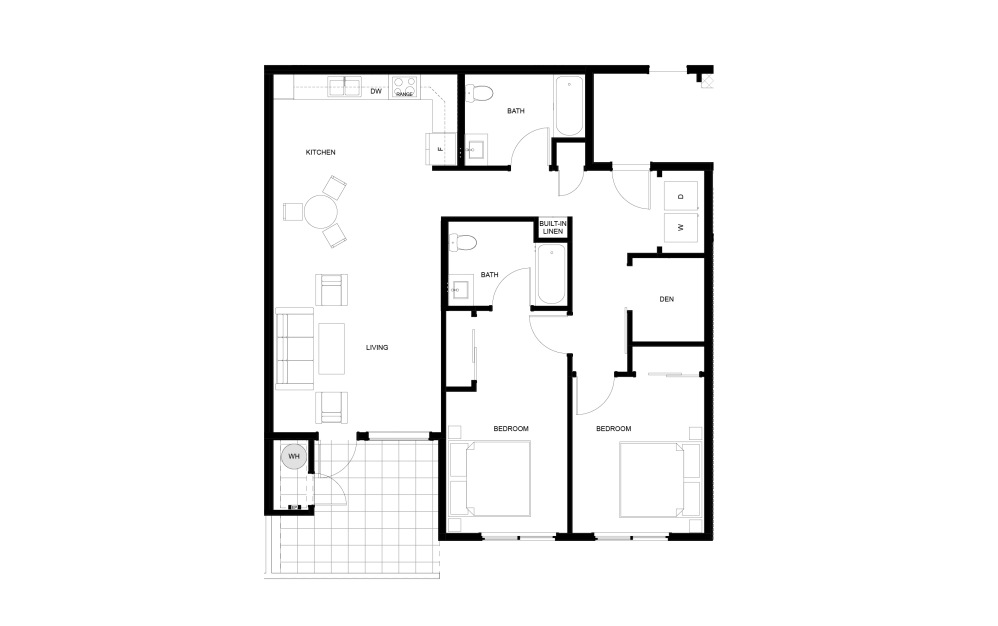 2 Bed, 2 Bath, Den Large - 2 bedroom floorplan layout with 2 bathrooms and 1116 - 1122 square feet