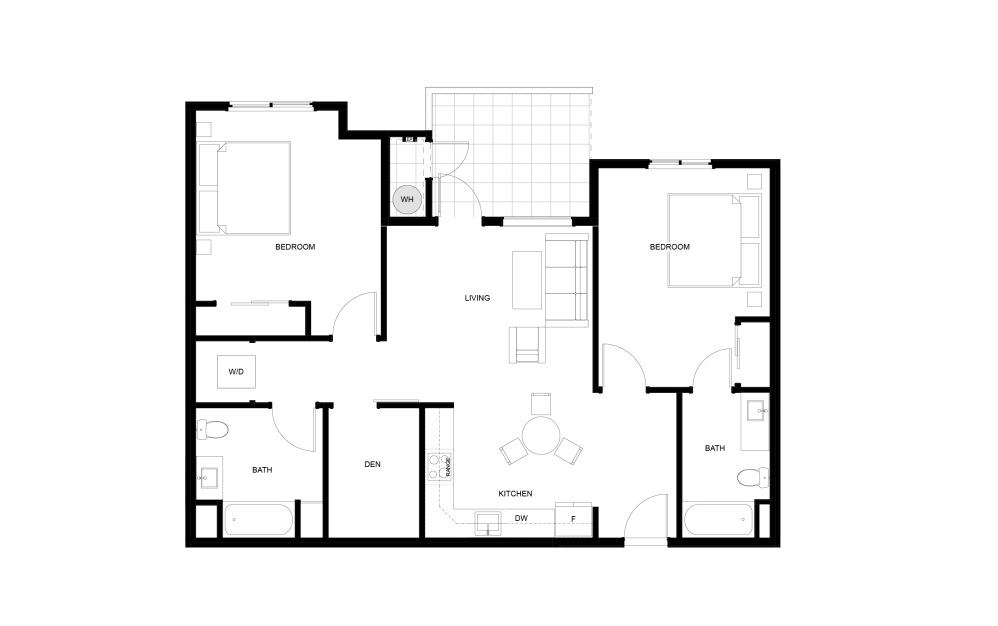 2 Bed, 2 Bath, Den Small - 2 bedroom floorplan layout with 2 bathrooms and 1056 - 1090 square feet
