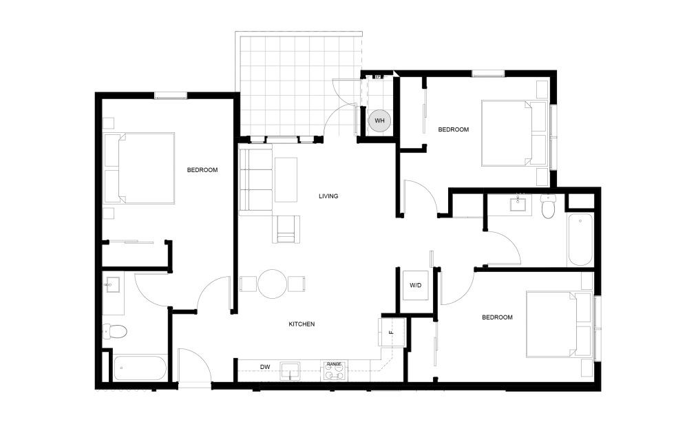 3 Bed, 2 Bath Large - 3 bedroom floorplan layout with 2 bathrooms and 1211 - 1225 square feet
