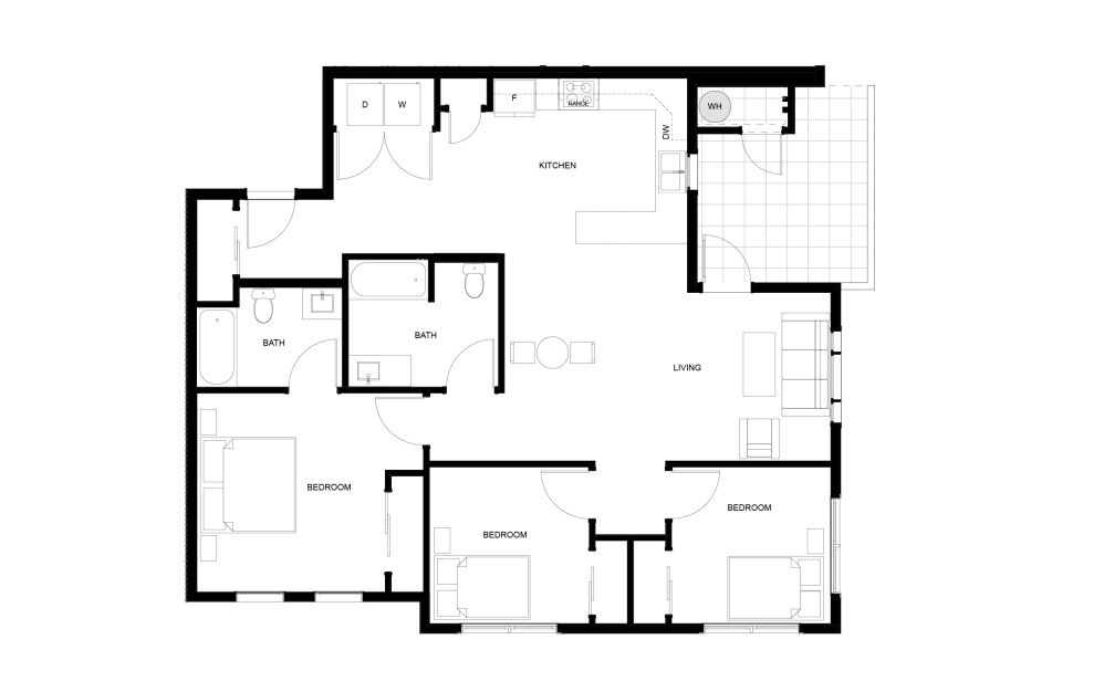 3 Bed, 2 Bath Small - 3 bedroom floorplan layout with 2 bathrooms and 1141 - 1222 square feet