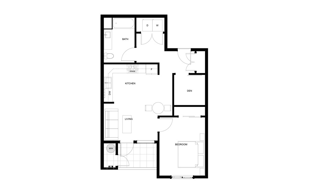 1 Bed, 1 Bath, Den Small - 1 bedroom floorplan layout with 1 bathroom and 693 square feet